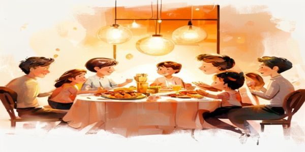温馨家庭聚餐场景，多位家庭成员围坐在餐桌旁共享美食，暖橙色灯光下展现年轻的小姨子与家人和谐相处的融洽氛围